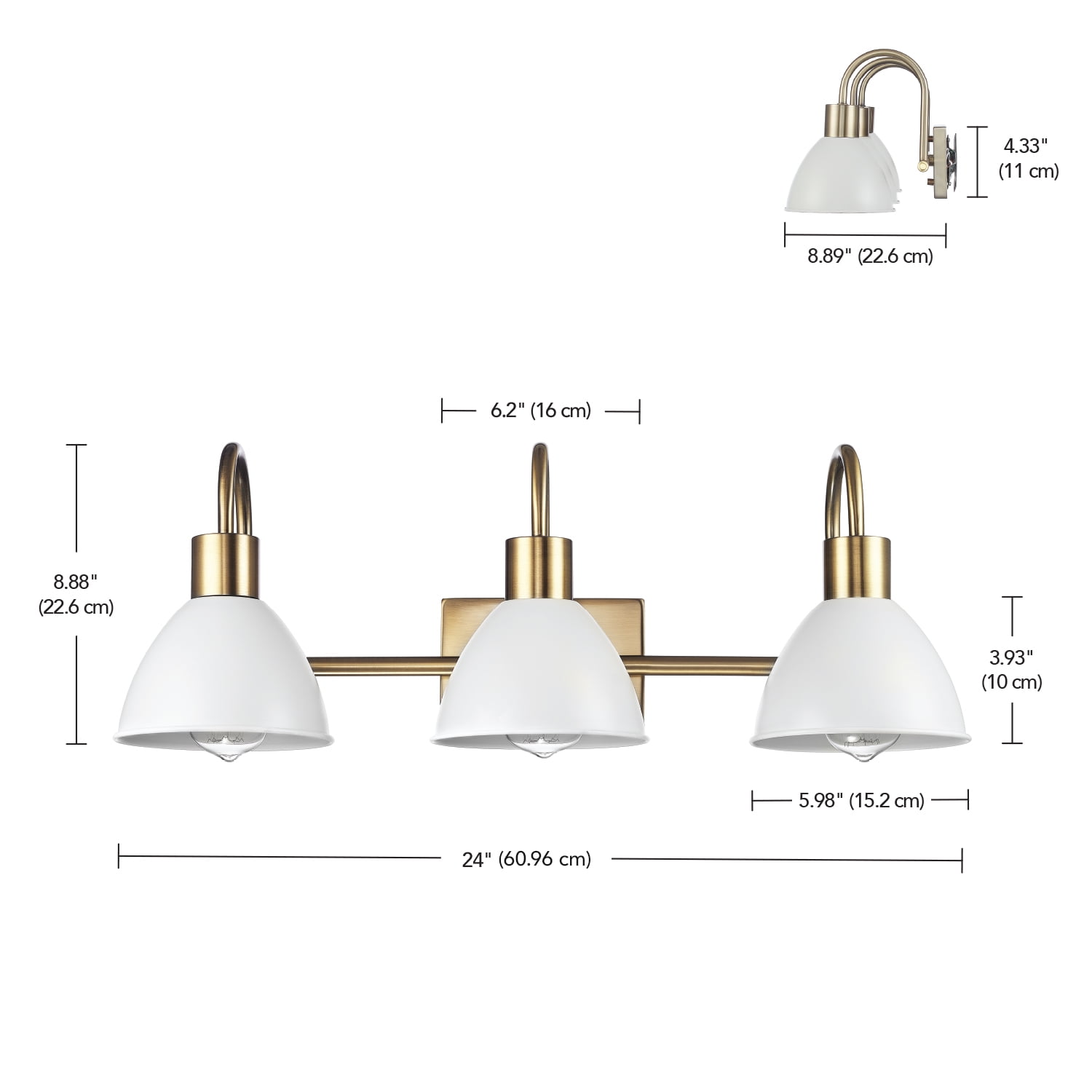 Globe Electric 24" 3-Light Matte Brass Vanity Light, White Metal Shades, Soft Glam Style, 91006818