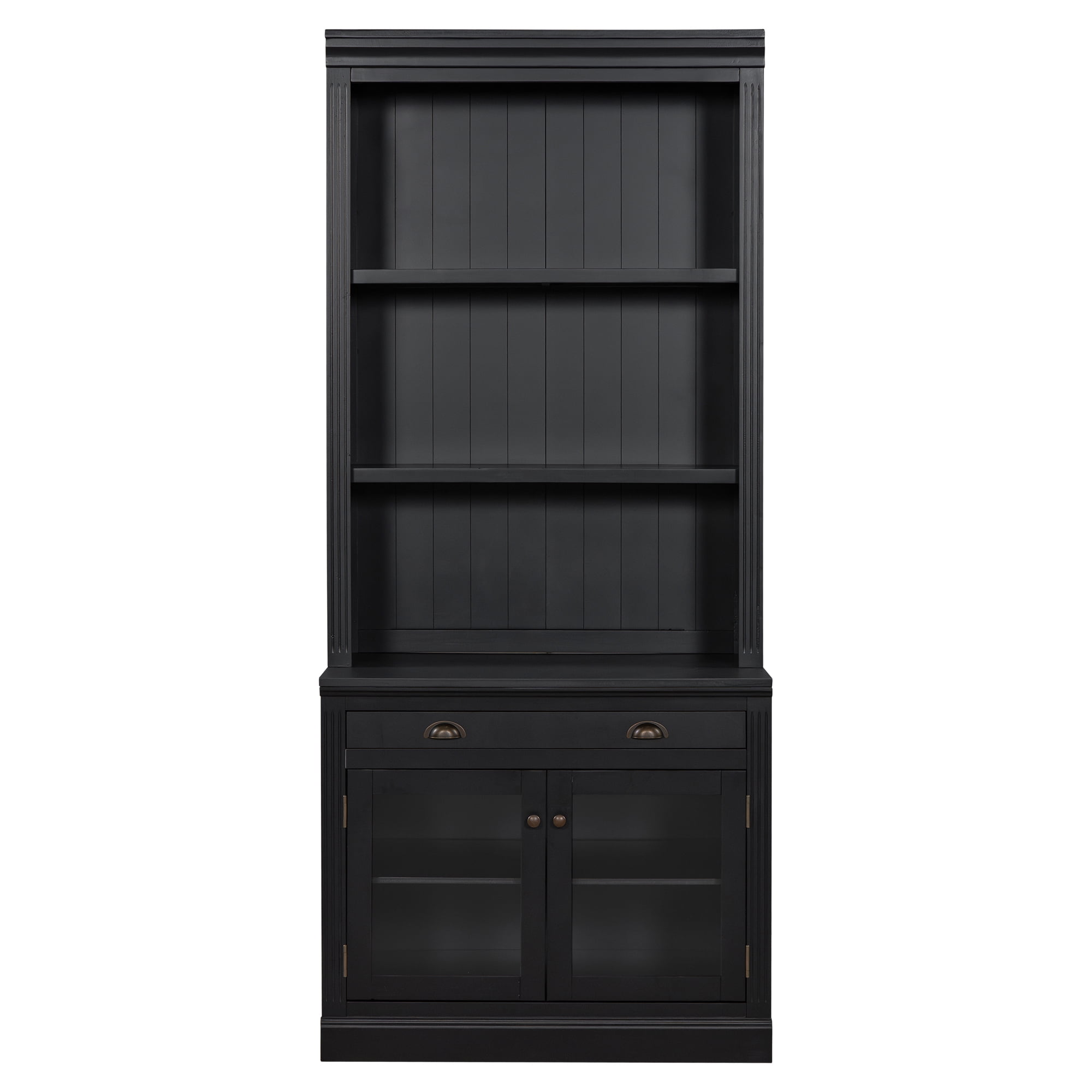 Euroco 83.4"Tall Bookshelf with 3 pieces LED Lighting, Modern Bookcase with 2 Glass Doors and 1 Drawer,Storage Bookcase with Open Shelves for Living Room,Home Office,Black
