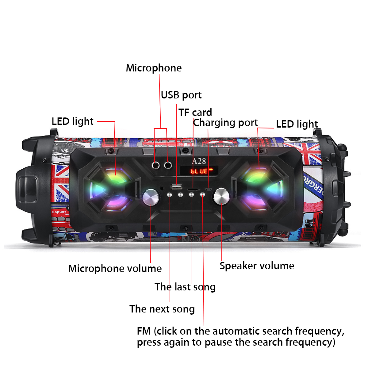 Unique Portable LED Wireless Portable bluetooth 4.2 Speaker Stereo Sound Super Bass HIFI AUX FM Subwoofer Loudspeaker ,RGB Colorful Lights, EQ, Booming Bass, Outdoor Speaker for Home, Party, Camping - image 5 of 8
