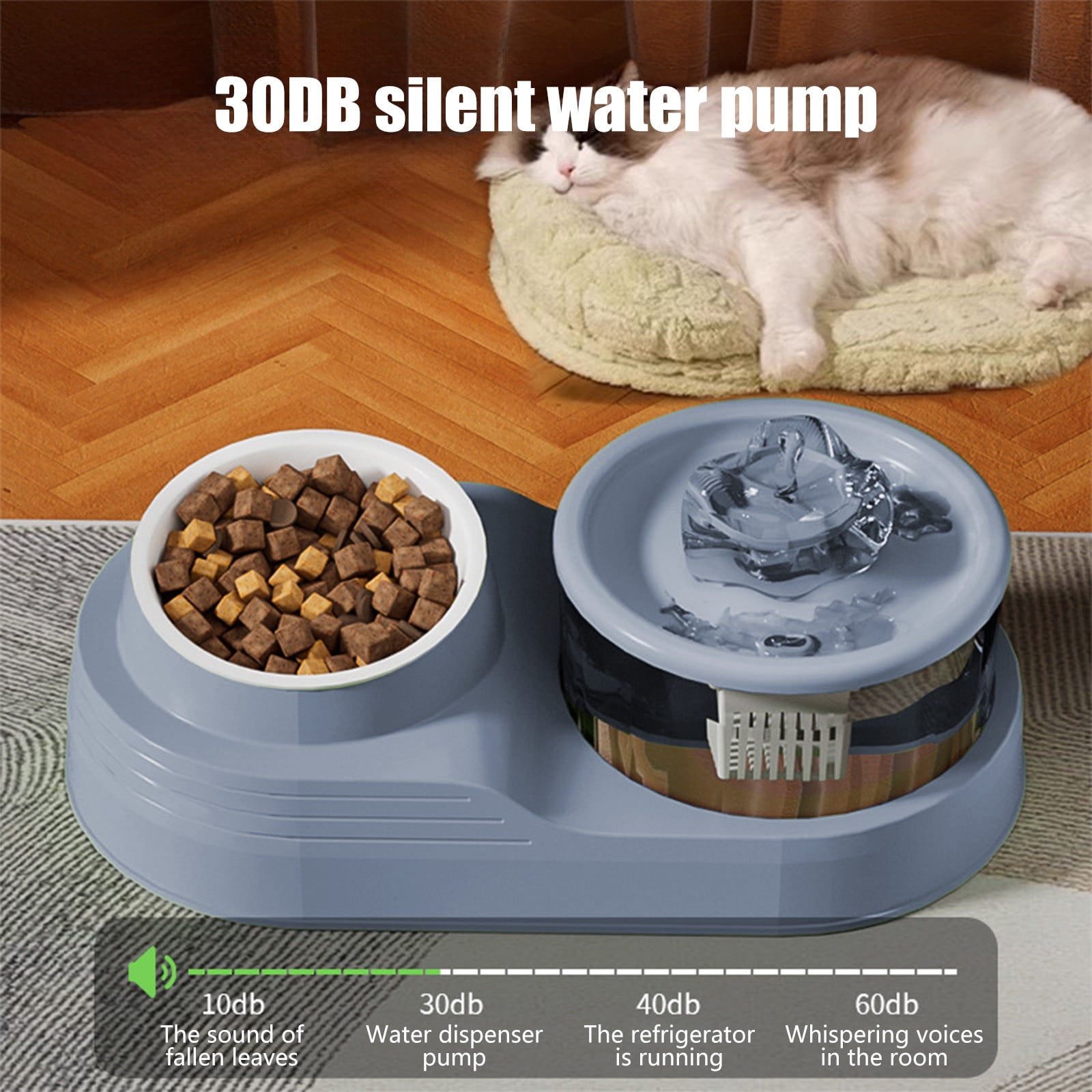 Tvtnvo Pet Water Fountain Automatic Pet Water Dispenser Two In One Feeder with Split Food and Water Bowls Tilted Neck Protection Anti Slip Base Circulating Water for Pets Blue 13.4x7.1x4.7in