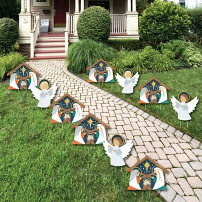 Holy Nativity - Angel and Manger Scene Lawn Decorations - Outdoor Religious Christmas Yard Decorations - 10 Piece