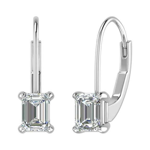 3/4 Carat Emerald Cut Diamond Drop Dangling Earrings in 14K White Gold (with Leverback)