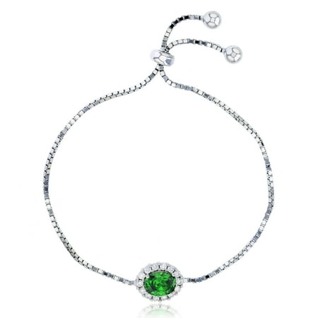 Sterling Silver Rhodium 9x7mm Emerald Oval Cut CZ & White Halo Adjustable Bracelet