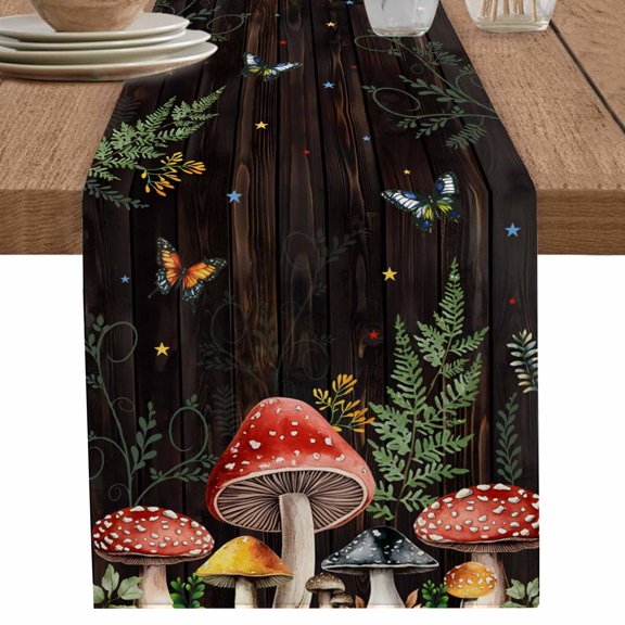 nqOlkjepod Mushrooms Table Runner 72 Inches Long Farmhouse Dress Scarves, Butterfly Botanical Country Plants Black Dining Tablerunner for Coffee Table/Kitchen Island/Party Décor, 13" x 72"