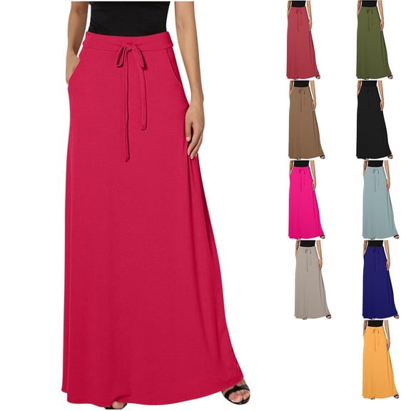 fatyb Womens Casual Maxi Skirts for Women Elastic High Waist Ankle Length Long Skirts with Pockets