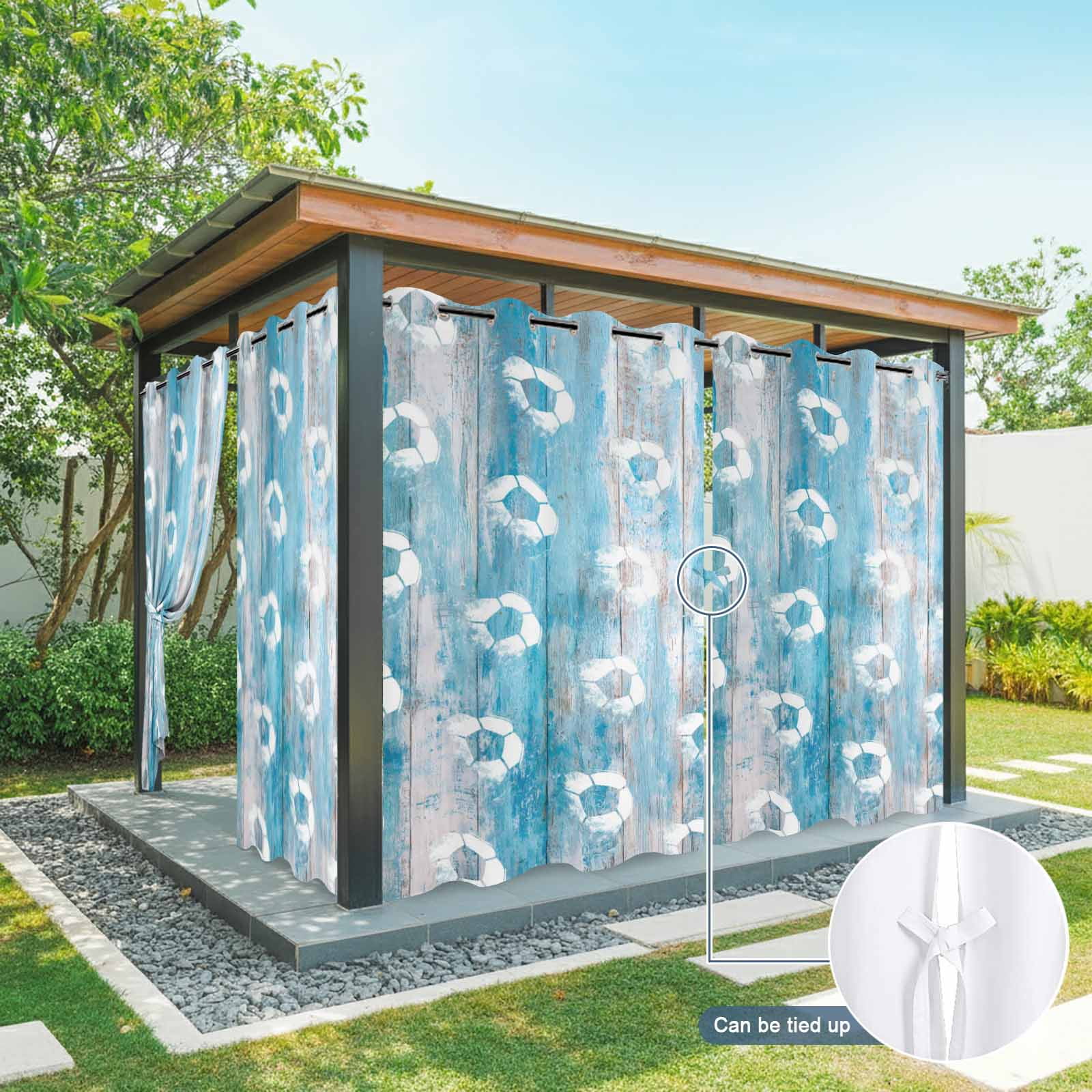 Bohemian Soccer Outdoor Curtains for Patio, Rustic Boho Farmhouse Football Match Blue Wood Grain Sunshade Privacy Drapes Grommet Waterproof Outside Curtains for Porch/Cabana/Balcony 54"x108", 1 Panel