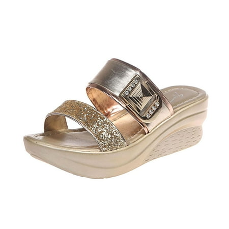 

JeashCHAT Clearance Women s Platform Wedge Sandals Two Strap Slip On Slide Sandals Comfortable Summer Sandals Open Toe Wedges (Gold)