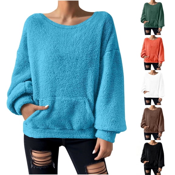 SBYOJLPB Women's Fleece Top Crew Neck Solid Color Long-sleeved Sweatshirt Pullover Tops with Pockets