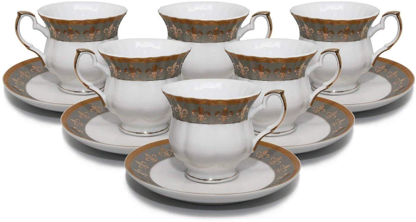 GuangYang 12 Piece 7oz Porcelain Tea Cup and Saucer with Purple Flowering Design for Dessert Party 