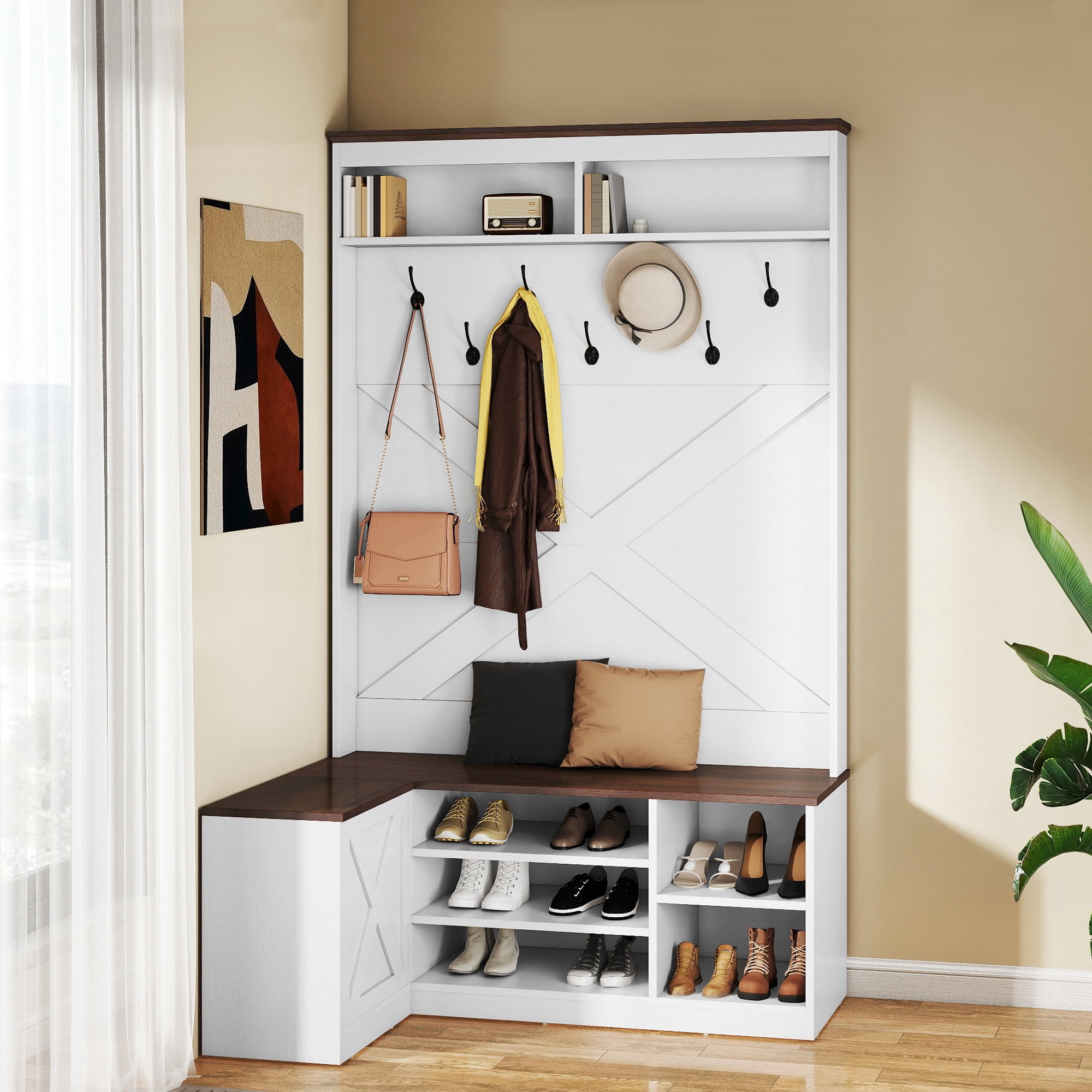 ModFusion White & Walnut L-Shaped Corner Entryway Hall Tree with Hooks, Flip-Top Storage, and Shoe Bench