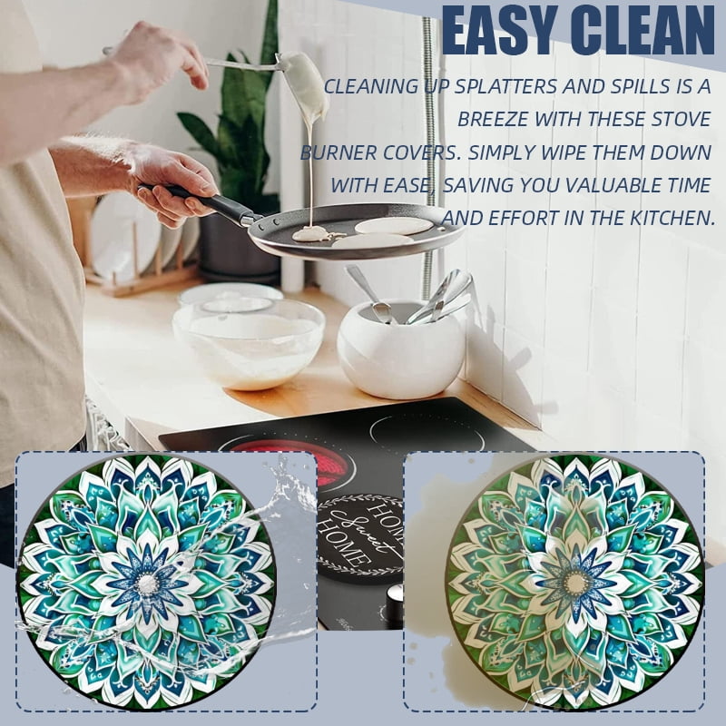 Kitchen Stove Burner Covers for Electric Stove, Teal and White Floral Mandala Pattern 4 Pack Round Oven Burner Covers for Kitchen, 8 Inches and 10 Inches