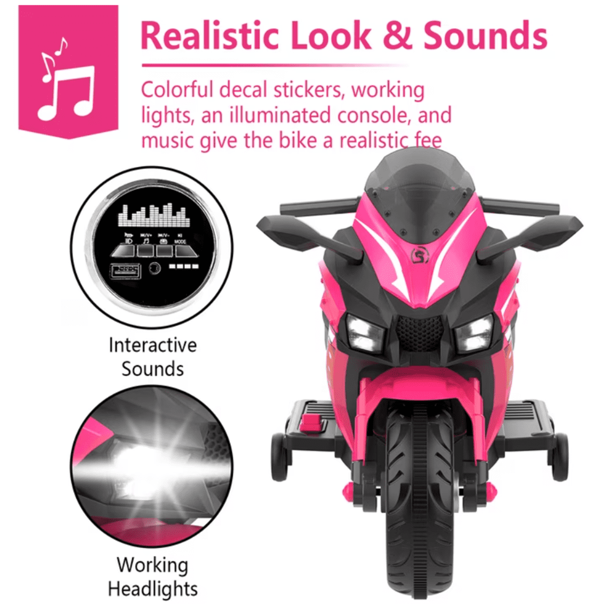 HNH 12V Electric Motorcycle for Kids, Powered Ride on Toys, 3 Wheels Motorcycle with LED Lights, Bluetooth Music
