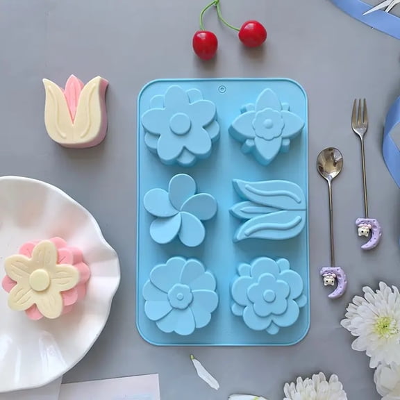 1pc 6-hole silicone cake baking mold, DIY various flower shape cake dessert molds, sunflower tulip handmade soap mold
