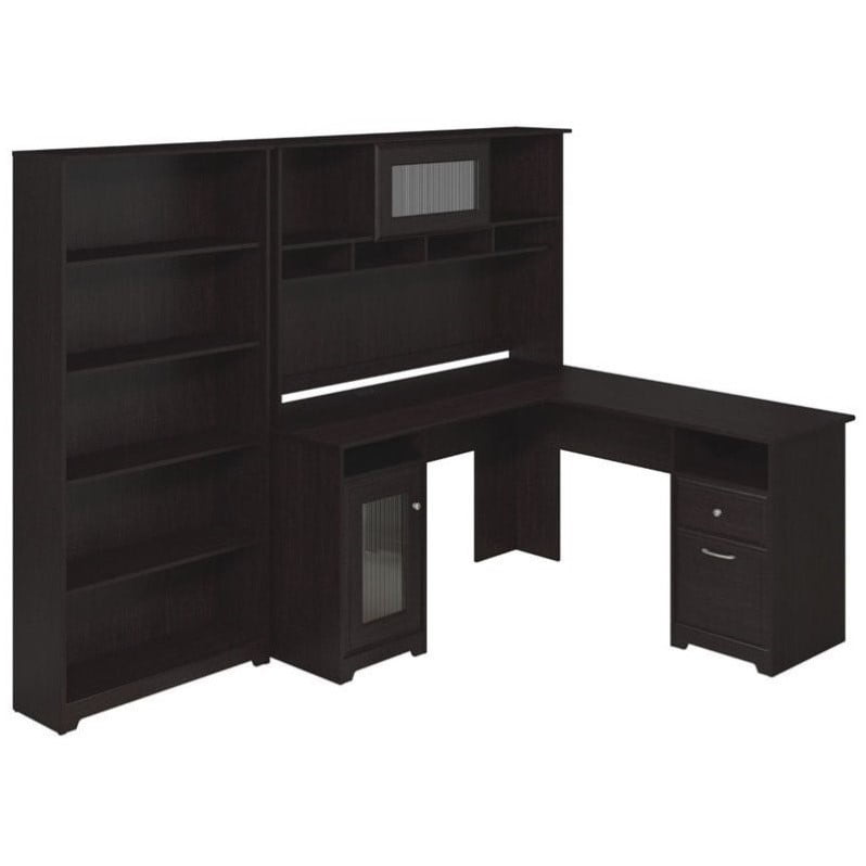Bush Cabot 60 L Shape Desk With Hutch And 5 Shelf Bookcase In Bush Cabot 60 L Shape Desk With Hutch And 5 Shelf Bookcase In Espresso Oak