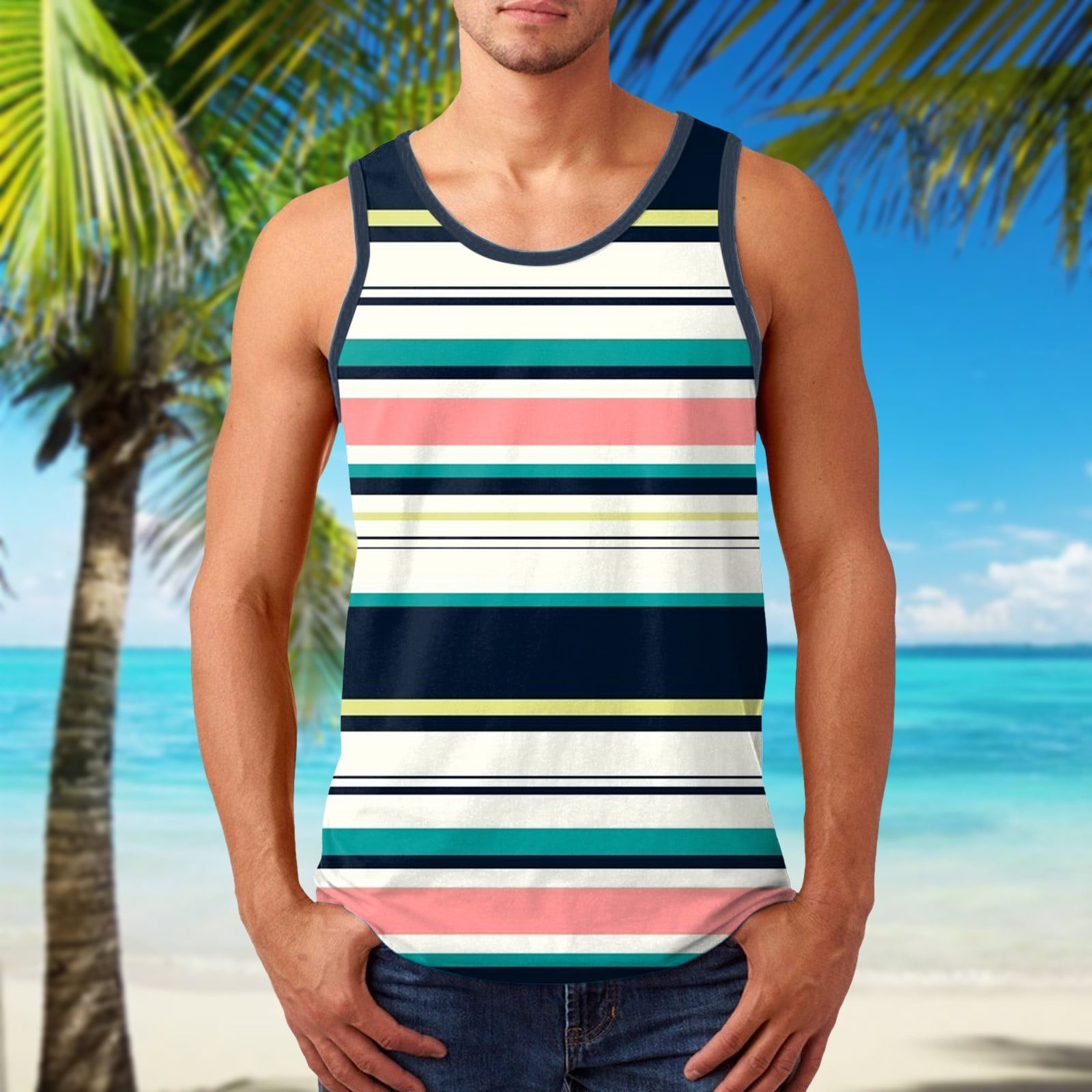 badning nudler biologi MRULIC tank tops men Men Summer Casual Beach Top Shirt Fashion Sports Striped  Sleeveless Beach Shirt Top Loose Tank Top Shirt Men Tank Tops White + 4XL -  Walmart.com