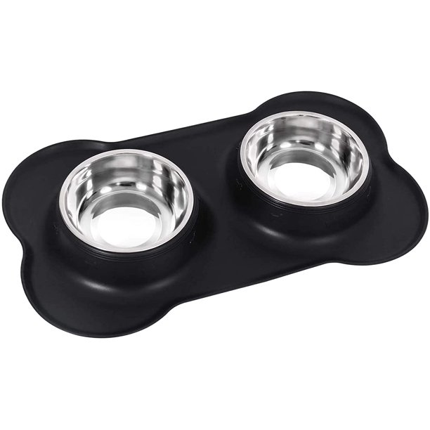 Cuencos para perros y gatos, cuencos dobles de acero inoxidable para comida y agua para perros con alfombrilla de silicona antideslizante, cuencos para comederos para mascotas, cuenco pequeño para perros pequeños, gatos, negro-negro- oso de fresa Electrónica