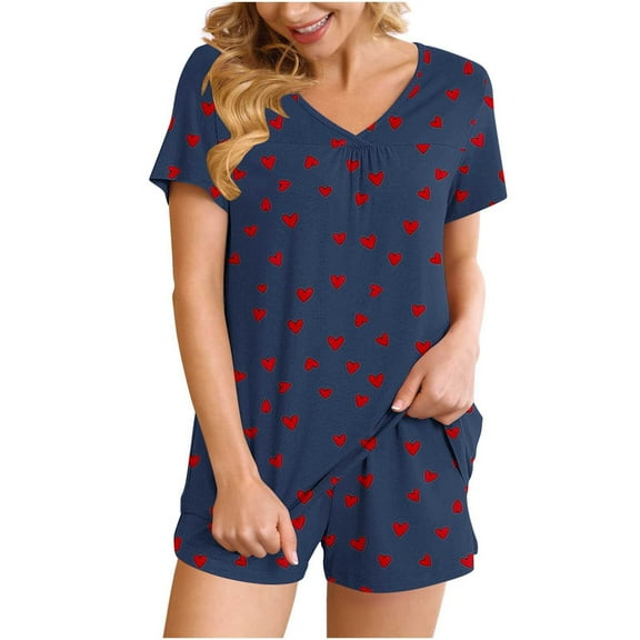 Women's Pajamas Sets Short Sleeve Lounge Sets Sleepwear Heart T-Shirts Shorts Casual Two Piece Pjs Set, M