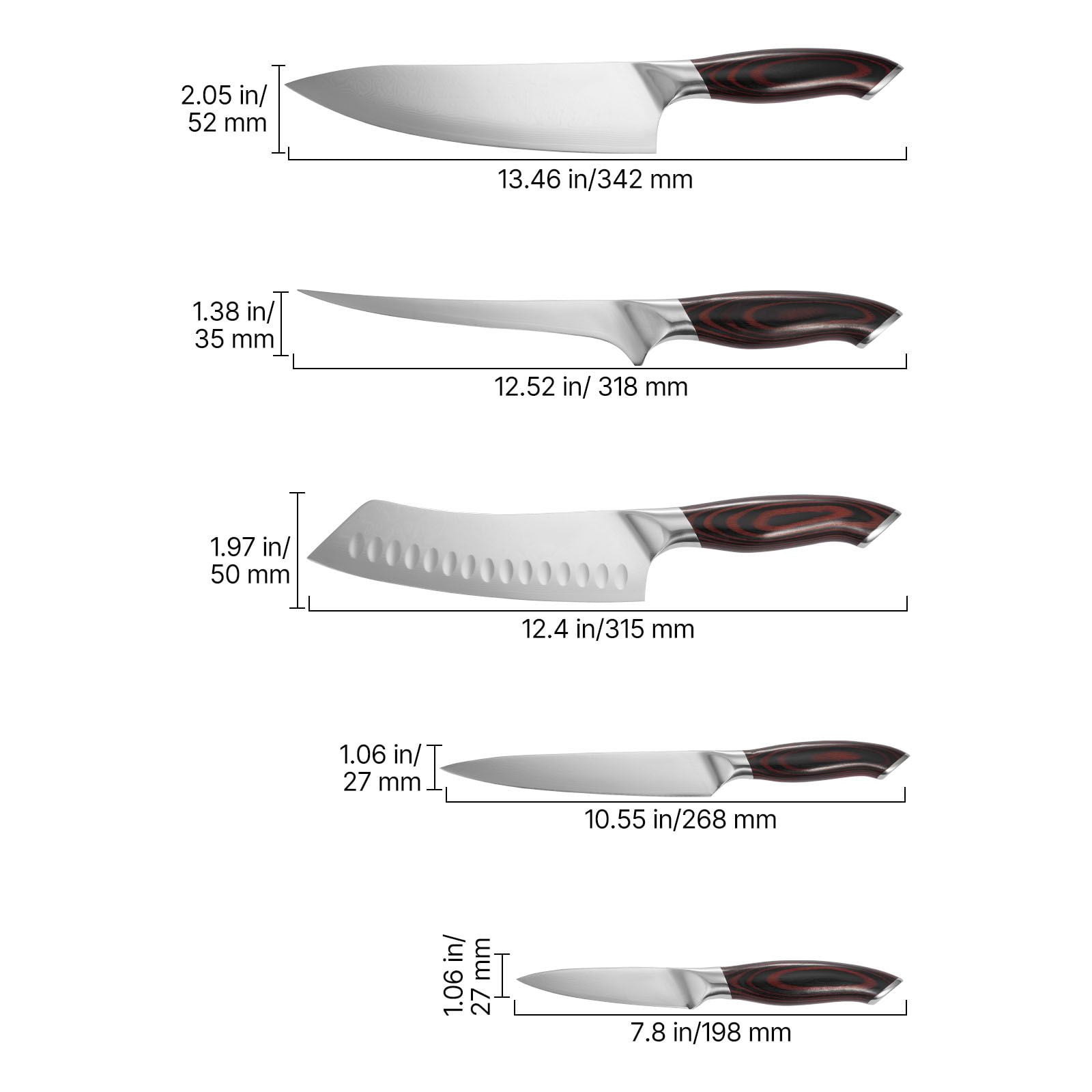5-Piece Kitchen Knife Set, 8" Chef 7" Fillet 7" Santoku 6" Utility 3.5" Paring, Stainless Steel All-Purpose Cutlery for Home Cooking