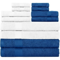 Ample Décor Bathroom Towel Set of 12- 4 Bath Towel, 4 Hand Towel, 4 Washcloths- Machine Washable - White & Navy