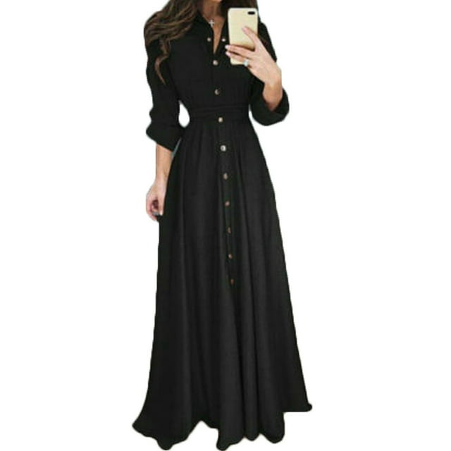 Femmes Manches Longues Bouton Dowm Maxi Robe Soirée Chemise Robe