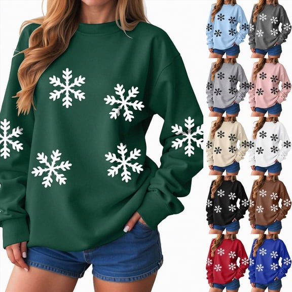 larppty Women's Christmas Sweater Snow Flake Print Xmas Sweatshirts Holiday Cute Graphic Pullovers Loose Crewneck Sweatshirt (Red, M)