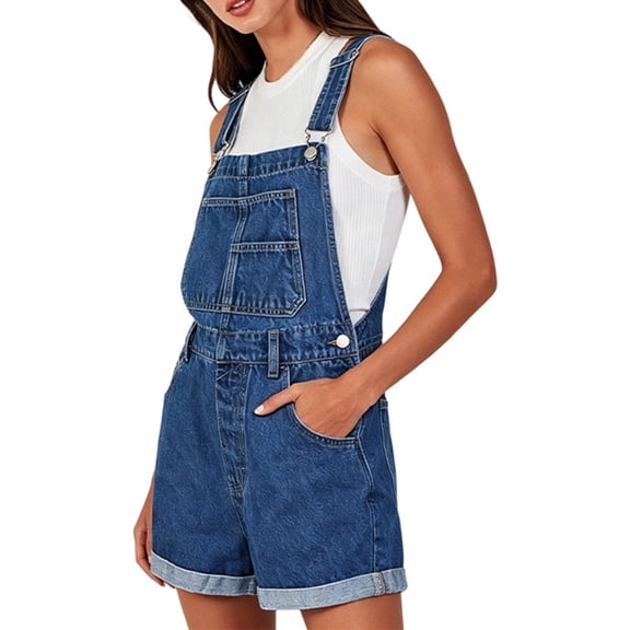 Women's Solid Loose Fit Denim Overalls with Multiple Pockets Casual Jumpsuit Blue L