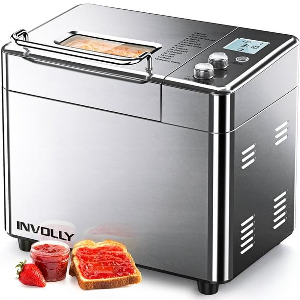 Involly Upgraded 2.2 LB Bread Maker Dual Heaters- 15 in 1 Bread Machine  Stainless Steel for Gluten Free & Pizza Dough, Auto Nut Dispenser, Nonstick  Pan, 3 Loaf Sizes 3 Crust Colors