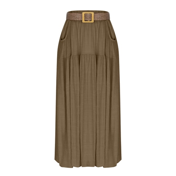 LEKWK Womens Long Skirt High Waisted A Line Skirt Flared Maxi Skirt With Belt Dual Pockets Solid Color Casual Office Daily Vacation Wear