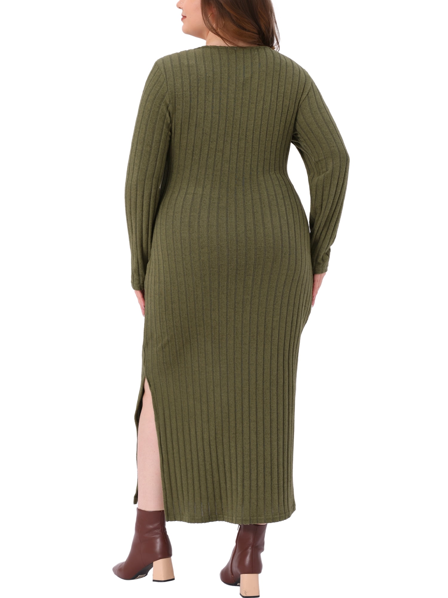 DARING DIVA Women's Plus Size Ribbed Knit Midi Side Slit Dress 4X Army Green