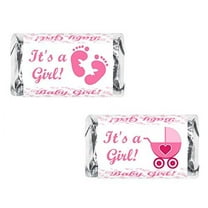 60 Pink Its a Girl Baby Shower Miniatures Candy Bar Wrapper, Baby Shower Miniatures Candy Bar Stickers Decorations, Candy Not Included