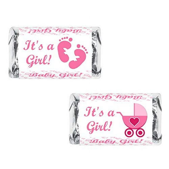 60 Pink Its a Girl Baby Shower Miniatures Candy Bar Wrapper, Baby Shower Miniatures Candy Bar Stickers Decorations, Candy Not Included