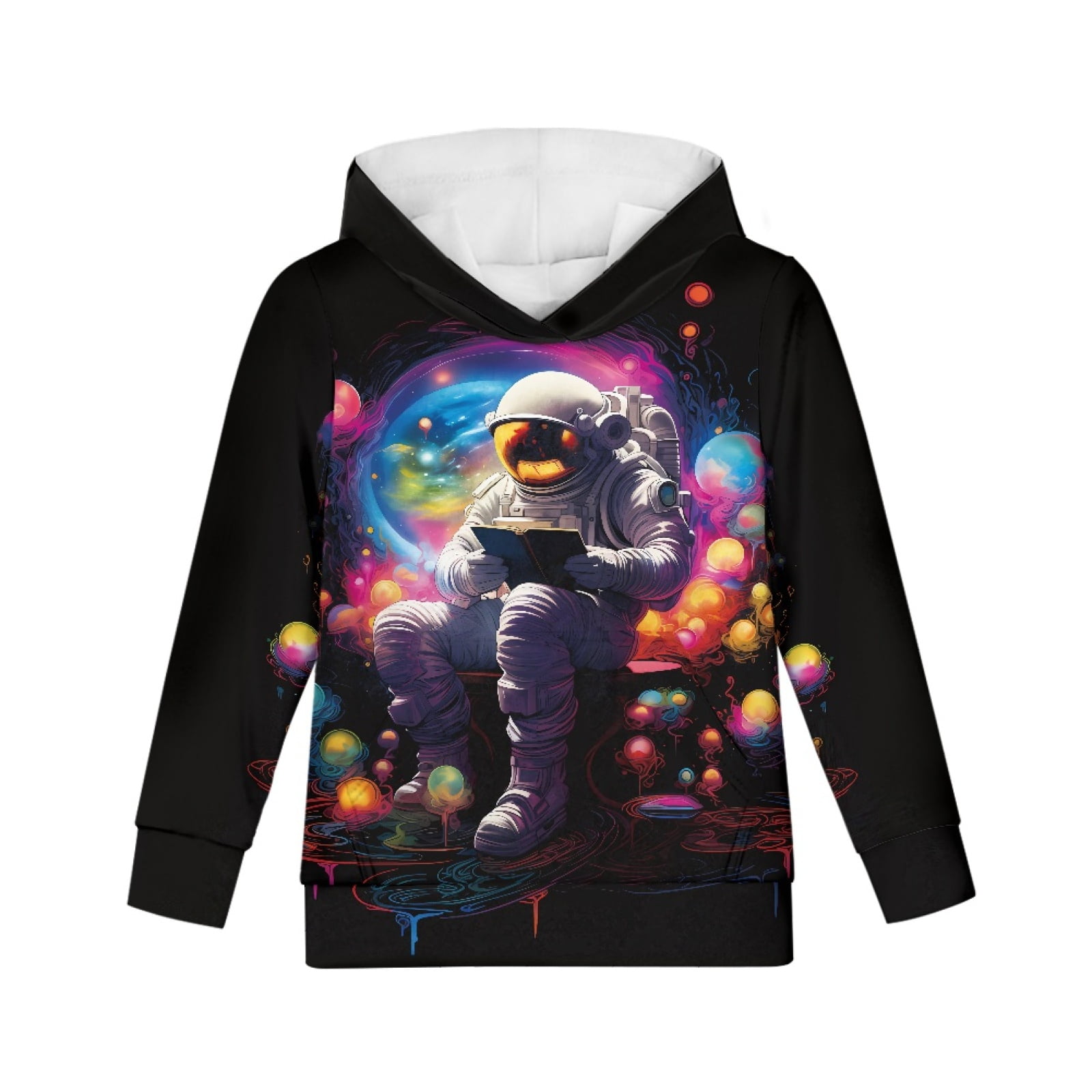 Xoenoiee Kids Pullover Hoodies with Front Kangaroo Pocket Colorful Planet Astronaut Print Long Sleeve Hooded Sweatshirt Activewear for Traveling Hiking Running S