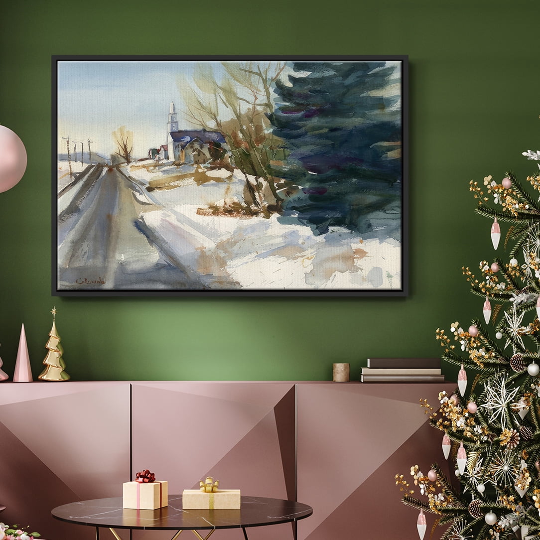 Congregational Church in Winter - Framed Gallery Wrapped Holiday Canvas - 27 x 41 - Black Frame