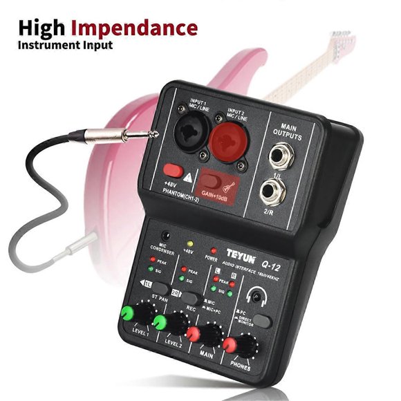 Q12 Computer Recording Sound Card 16Bit/48KHZ Portable Sound Card Mixer for Guitar Home Studio Q12