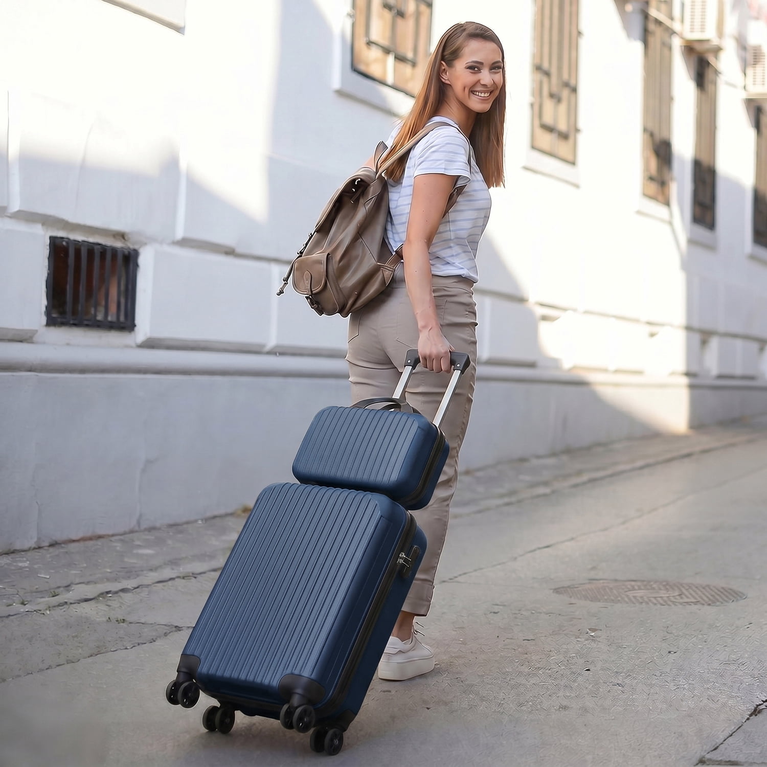 2 Piece Vertical Striped Luggage Set, Carry On Hardside Suitcase with Spinner Wheels & TSA Lock, Lightweight Travel Luggage with Cosmetic Case Blue
