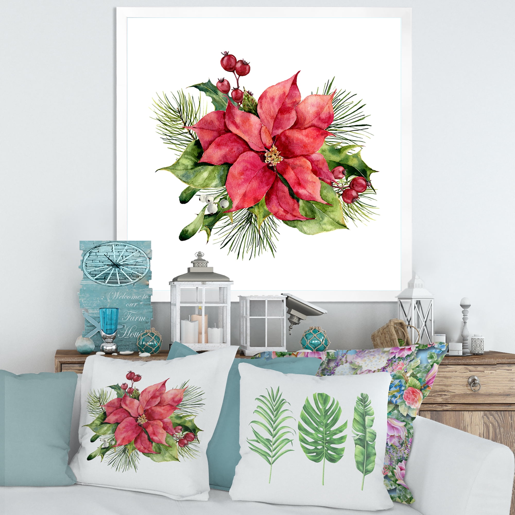 Designart 'Christmas Fir Branch and Holly Mistletoe Berries I' Traditional Framed Art Print
