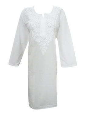 Mogul Women Cotton Tunic Long Sleeves Embroidered White Tunic Ethnic Fashion M