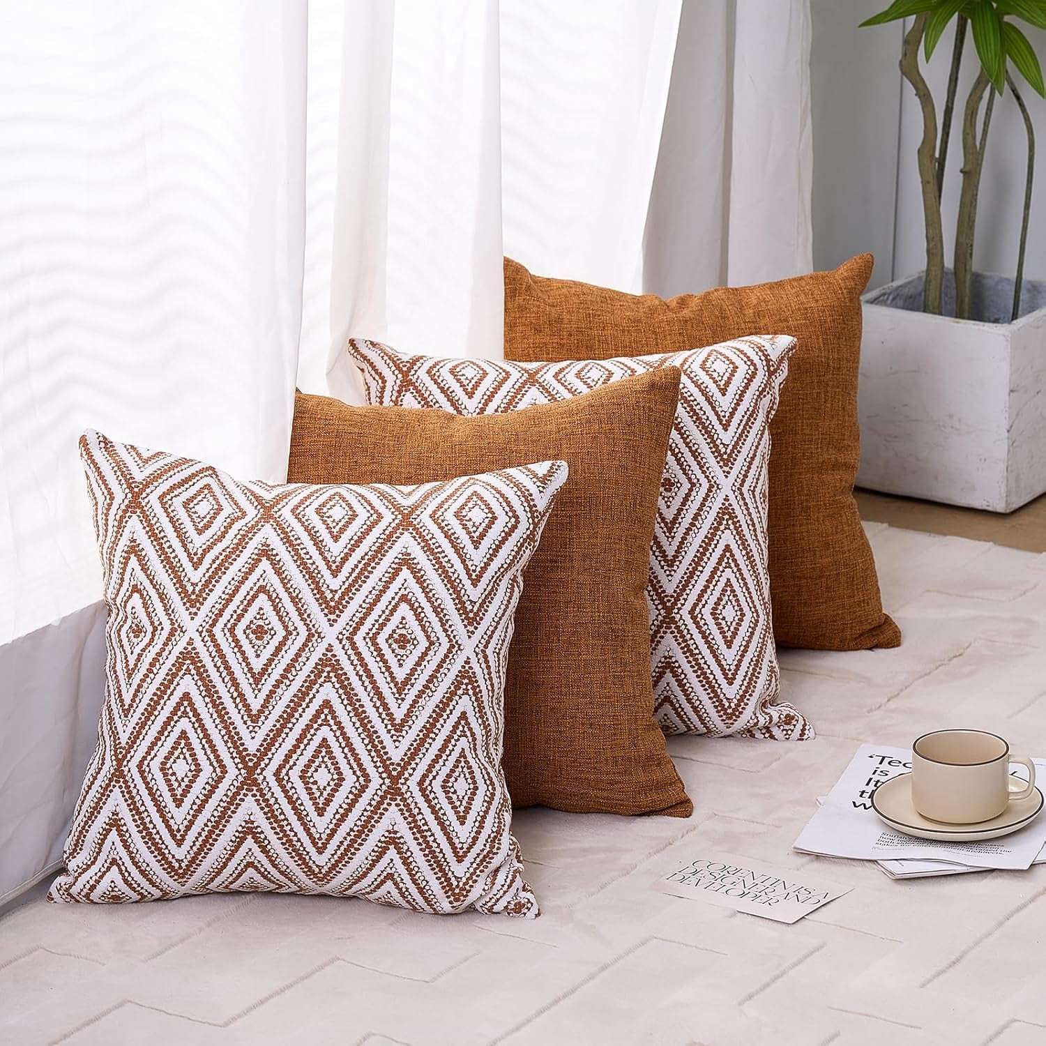 SUSIELADY Throw Pillow Covers Set of 4, 20"x20" Linen Decorative Square Couch Sofa Cushions, Accent Home Decor, Living Room, Bedroom, Chair, Golden Brown