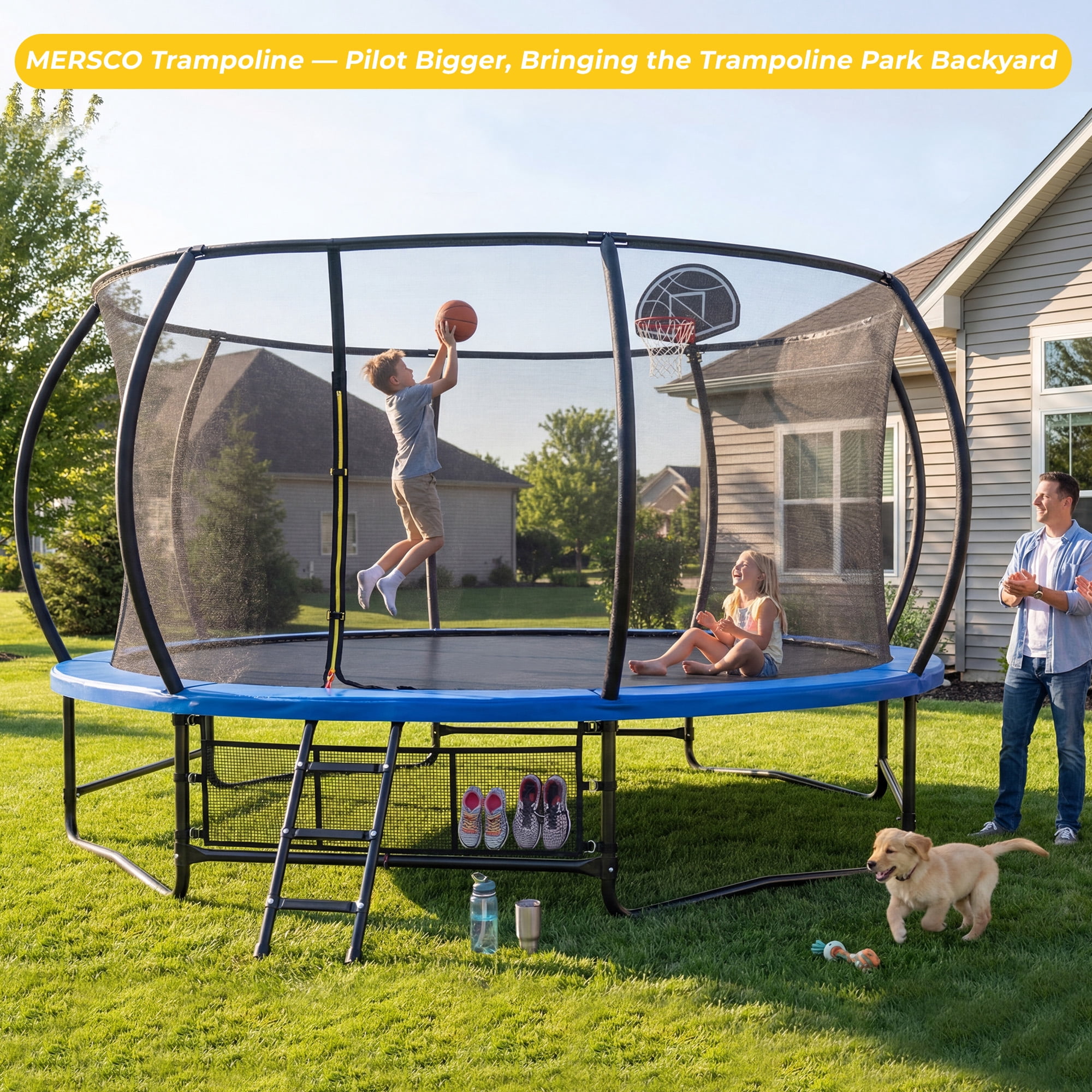 Mersco 14ft Trampoline for Kids and Adults, Pumpkin Outdoor Trampoline with Basketball Hoop,Enclosure Net and Storage Bag, Jumping Trampoline SPACE for Boys and Girls Birthday Gift,Blue