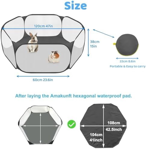 2 in 1 Small Animal Playpen with Waterproof Pad, Pop-Up Portable Play Yard for Guinea Pigs, Rabbits, Hamsters, Hedgehogs, Foldable Exercise Fence with Breathable Mesh for Indoor Outdoor Use