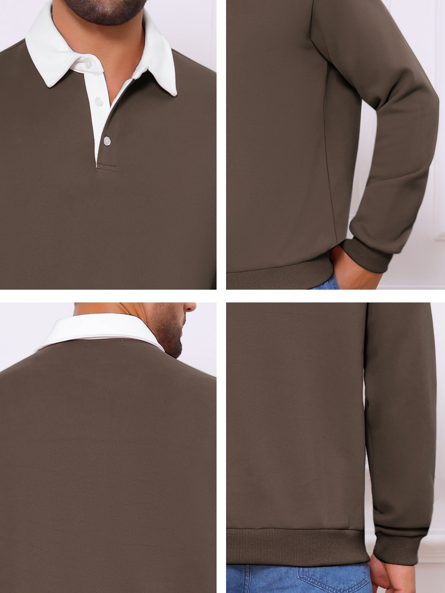 DARING DIVA Men's Contrast Collared Long Sleeves Pullover Polo Sweatshirt XL Brown
