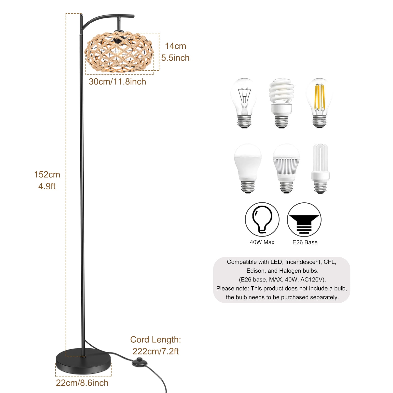 IC INSTANT COACH Boho Farmhouse Floor Lamp & Foot Switch - 4.9FT Rattan Standing Lamp for Living Room, Bedroom, Office - Modern Rustic Lighting with Easy Assembly