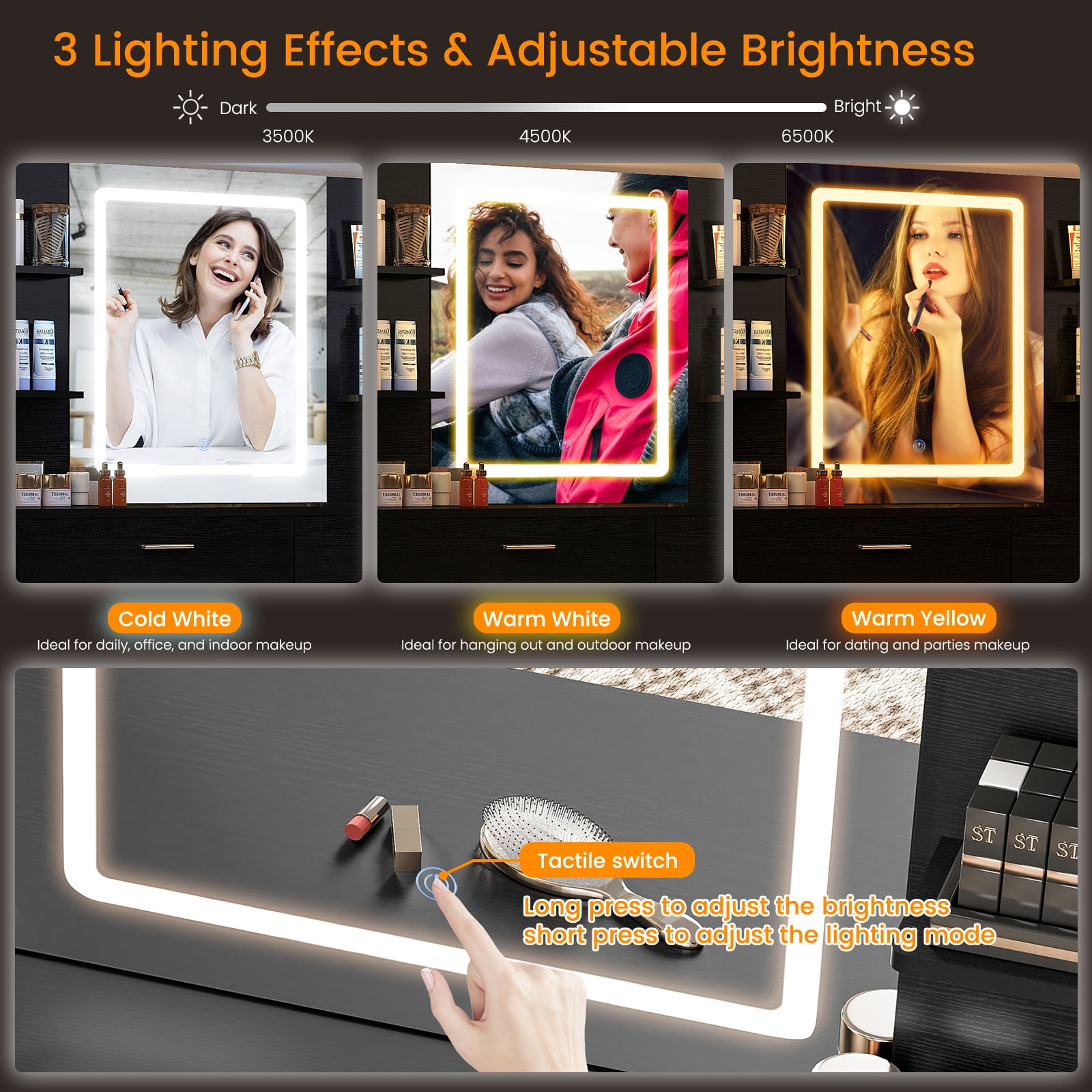39.4”Makeup Vanity Set with LED Light Mirror & Power Outlet, 8 Drawers, 3 Color Modes & Adjustable Brightness, Corner Vanity, L Shape Change, Black