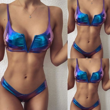 

Finelylove Sexy Swimsuit For Women Lightly Lined Sport Bra Style Bikini Blue M