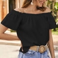 thumbnail image 3 of Women Short Sleeve Top Ruffle Hem Frill Trim Blouse Summer Pure Color Off Shoulder Shirt Black XXL, 3 of 8