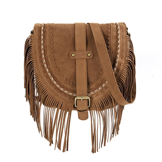 Bandolera vintage con flecos grandes de piel de gamuza con hombros