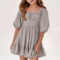 thumbnail image 2 of LLYwey Girls Robes d'Été à Volants, Robe Décontractée Fluide pour Filles, Robe de Plage Unie à Manches Bouffantes Plissée Longueur Genou, Gris, 14T, 2 of 7