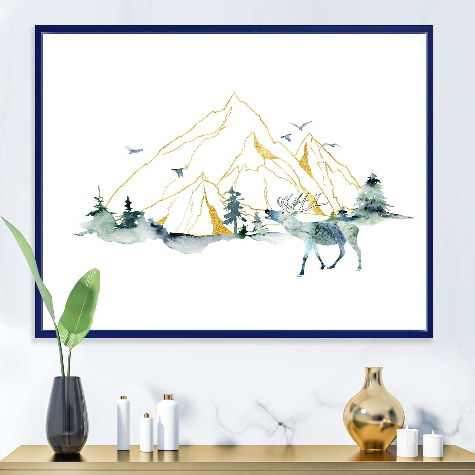 Designart 'Minimalistic Landscape of Forest Deer and Mountains' Modern Framed Canvas Wall Art Print