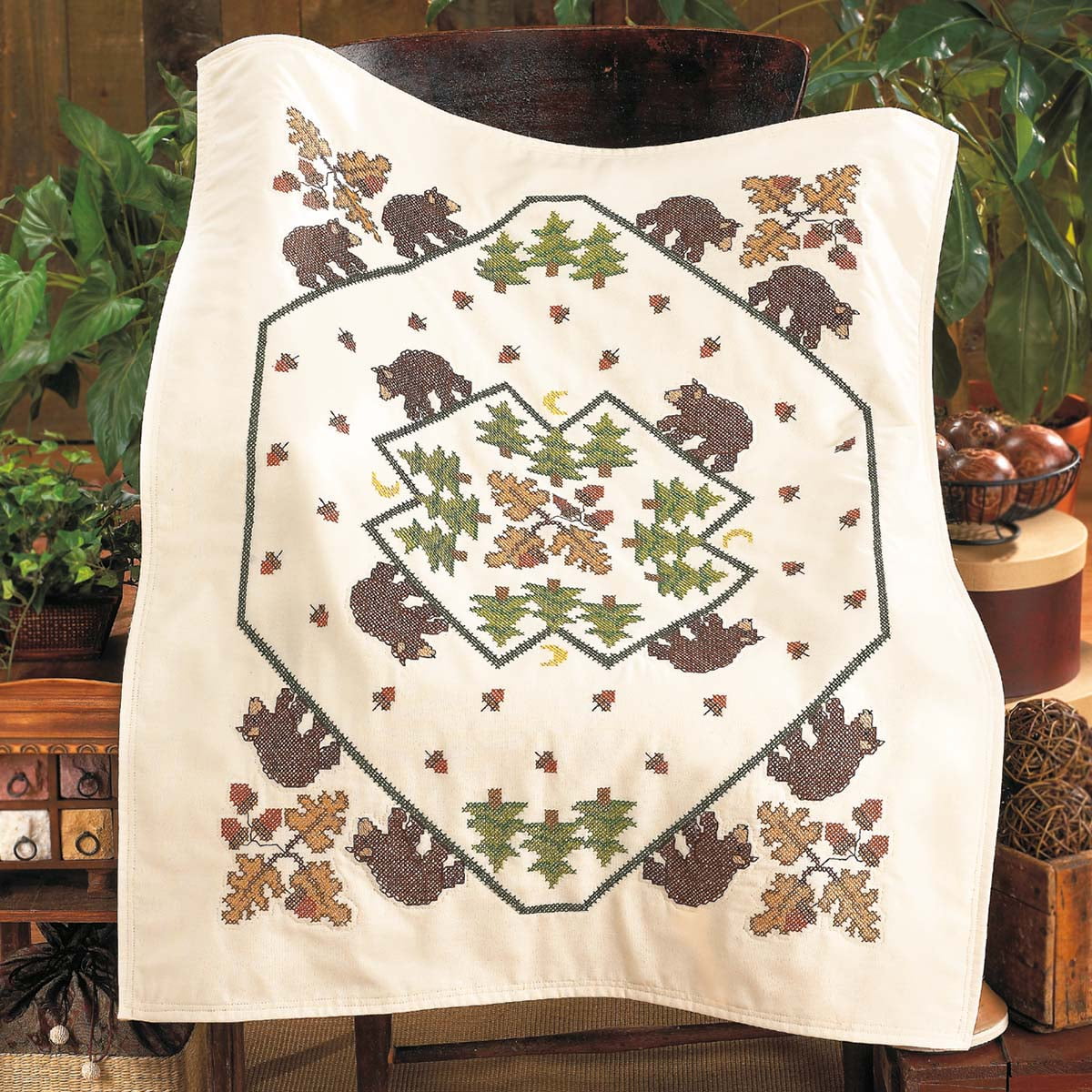 Herrschners Northwoods Lap Quilt Top Stamped Cross Stitch Kit 
