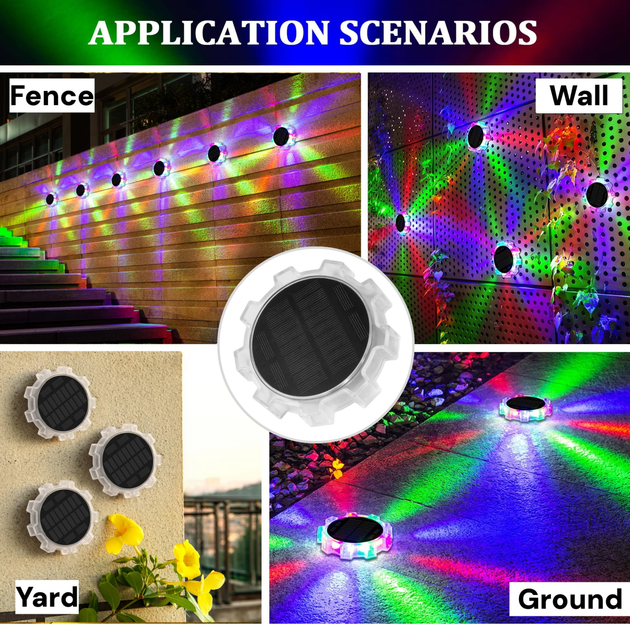 MEHOOM 4 pack RGB 9 LED Solar Ground Lights, Color Changing Solar Lights, Waterproof IP67 Solar Powered Outdoor Lights, for Wall Pathway Driveway Patio Garden